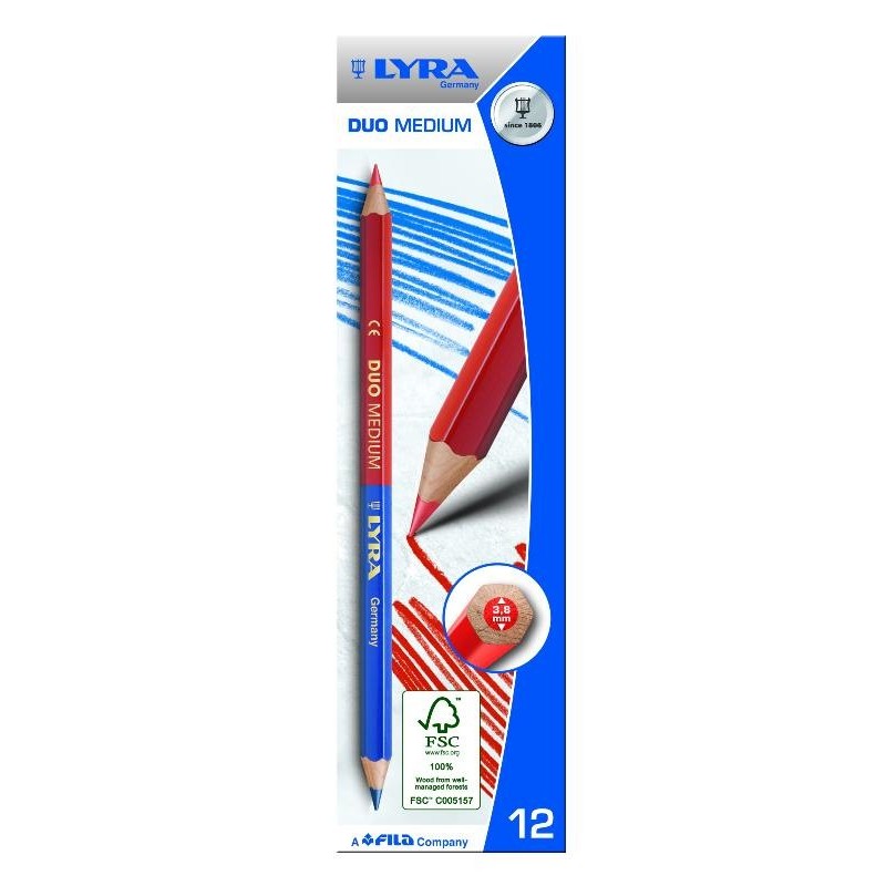 FILA Matita Bicolore Lyra Duo Medium - Mina Diametro 3,8 Mm Colori Rosso/Blu  - Confezione Da 12 Pezzi