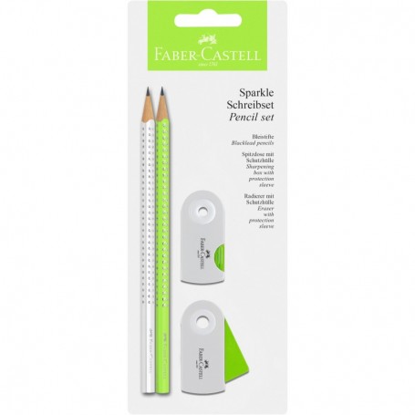 blister 2 matite di grafite sparkle -verde neon, bianca- + 1 gomma mini sleeve + 1 temperamatite mini sleeve s