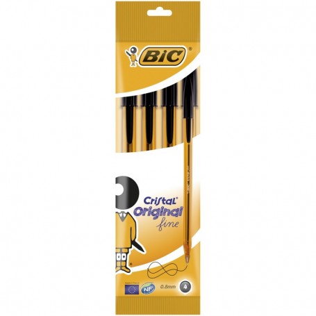 CONFEZIONE 4 BIC CRISTAL ORIGINAL PUNTA FINE 0,8 MM NERO